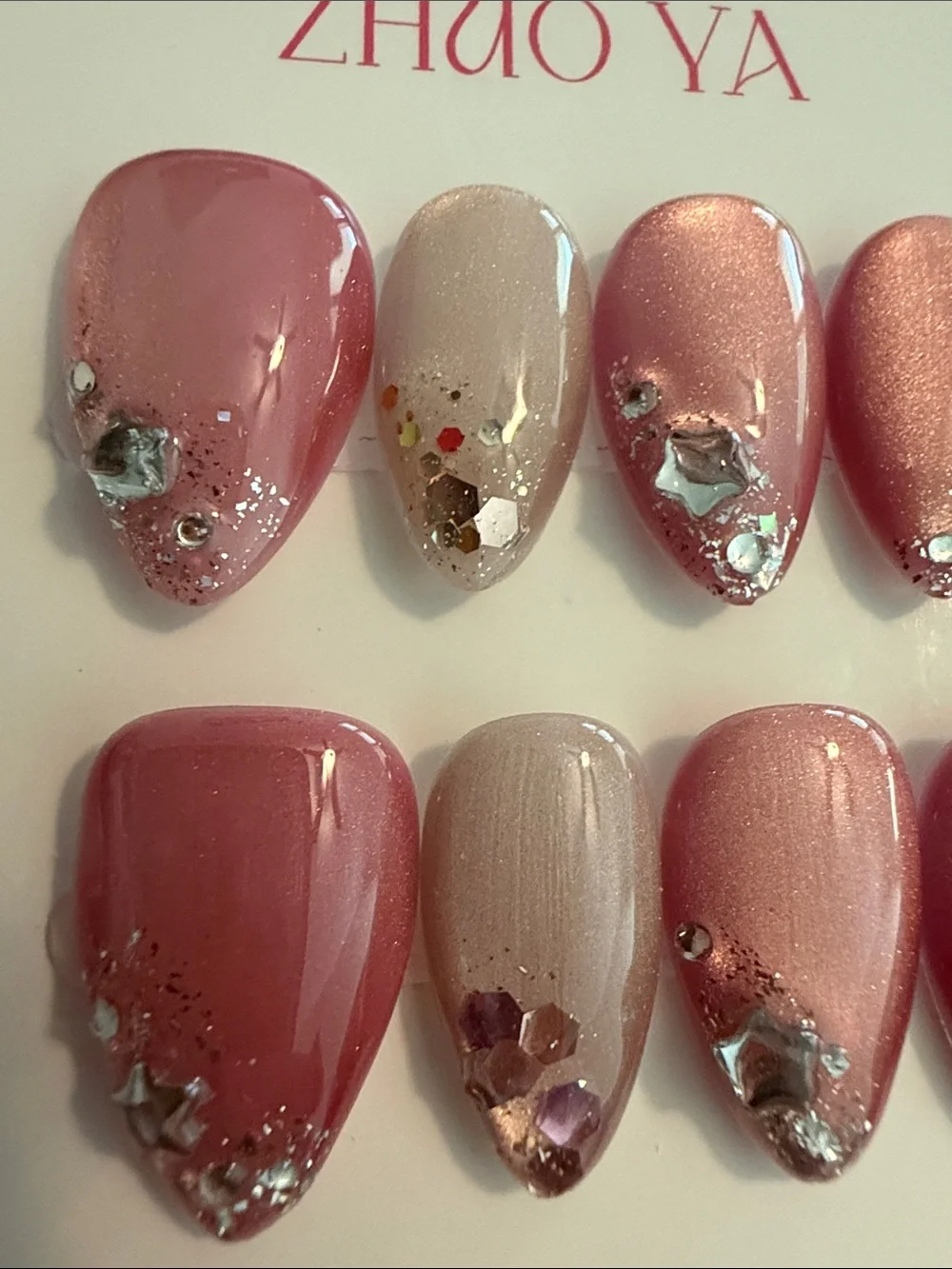 Pink  Pearl Cateye handmade acrylic Press-On Nail Set with Rhinestones